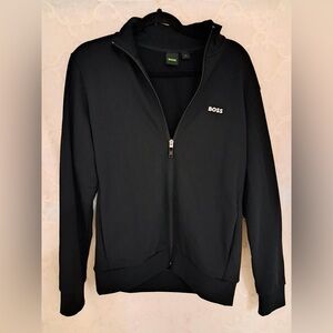 HUGO BOSS MEN’S STRETCH-COTTON ZIP-UP SWEATSHIRT WITH LOGO BLACK SIZE SMALL